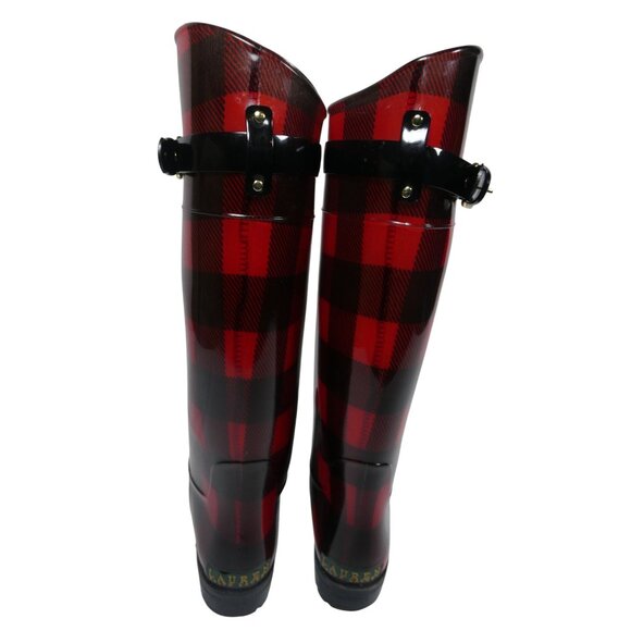 Ralph Lauren Women's Red/Black Checkered Rossalyn II Rain Boots Size 8 - Picture 6 of 10